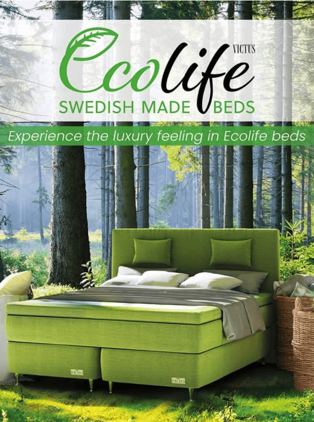 Ekolife säng i grönt med skog i bakgrunden, miljövänligt och lyxigt.